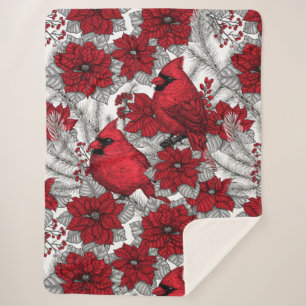 Kardinalen en poinsettia, rood en wit sherpa deken