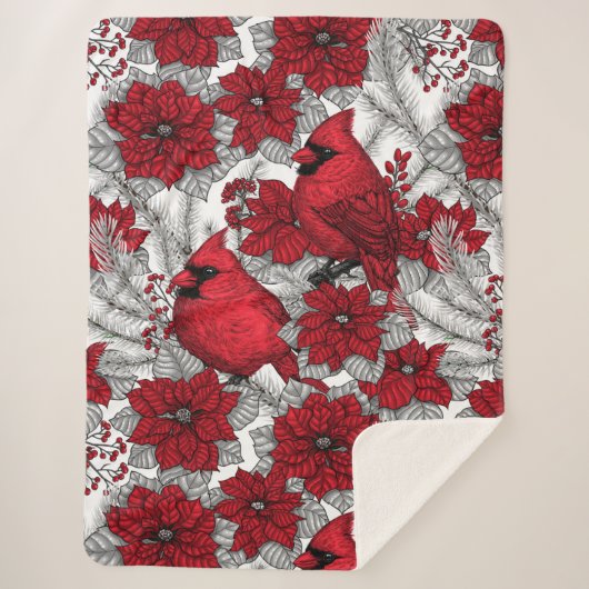 Kardinalen en poinsettia, rood en wit sherpa deken (Voorkant)
