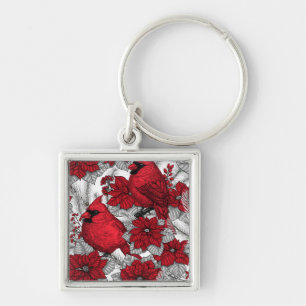 Kardinalen en poinsettia, rood en wit sleutelhanger