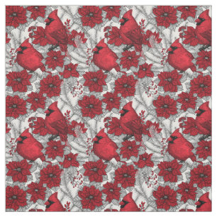 Kardinalen en poinsettia, rood en wit stof