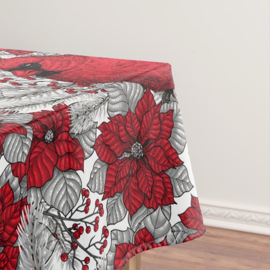 Kardinalen en poinsettia, rood en wit tafelkleed (Voorbeeld)