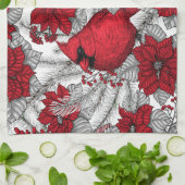 Kardinalen en poinsettia, rood en wit theedoek (Gevouwen)