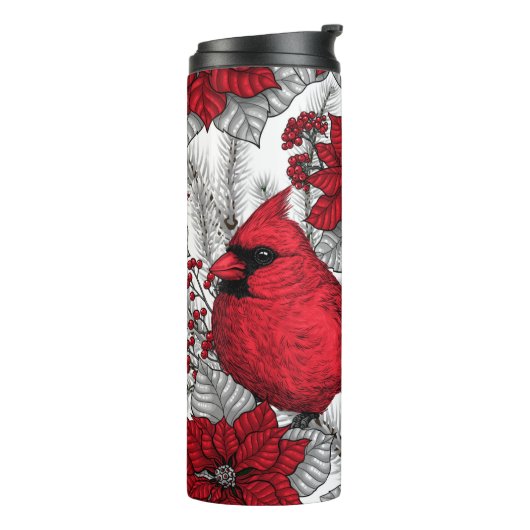 Kardinalen en poinsettia, rood en wit thermosbeker (Gedraaid links)