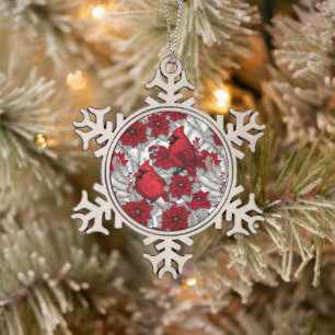 Kardinalen en poinsettia, rood en wit tin sneeuwvlok ornament