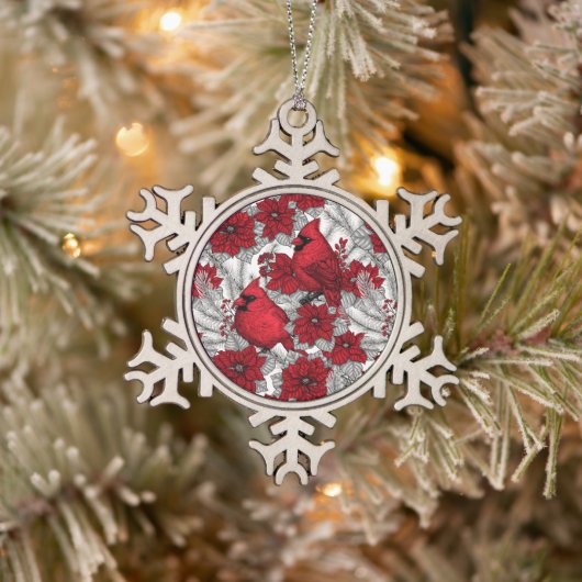Kardinalen en poinsettia, rood en wit tin sneeuwvlok ornament (Boom)