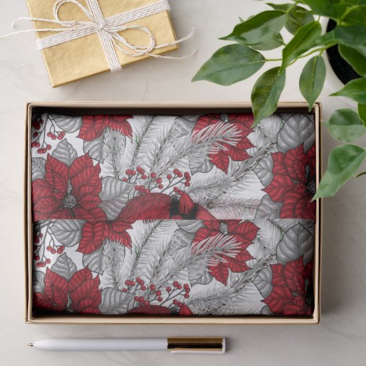 Kardinalen en poinsettia, rood en wit tissuepapier (Geschenk)