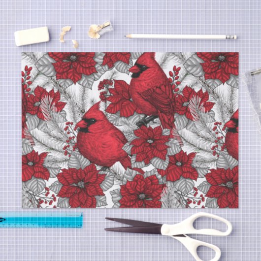 Kardinalen en poinsettia, rood en wit tissuepapier (Craft)