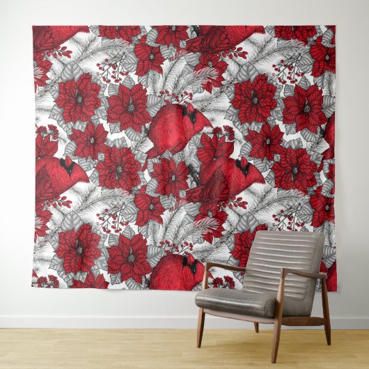 Kardinalen en poinsettia, rood en wit wandkleed (In Situ (horizontaal))