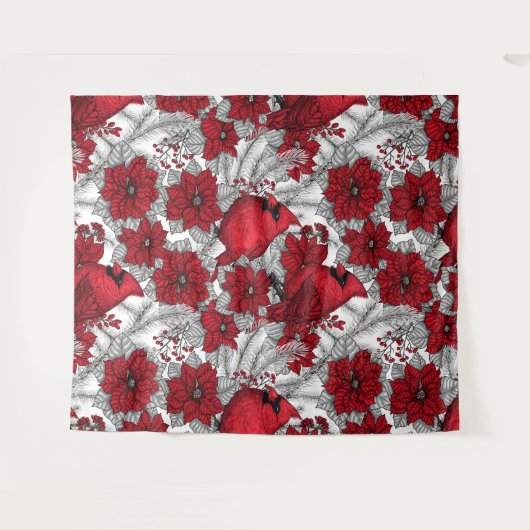 Kardinalen en poinsettia, rood en wit wandkleed (Voorkant (horizontaal))
