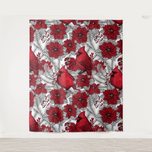 Kardinalen en poinsettia, rood en wit wandkleed (Voorkant)
