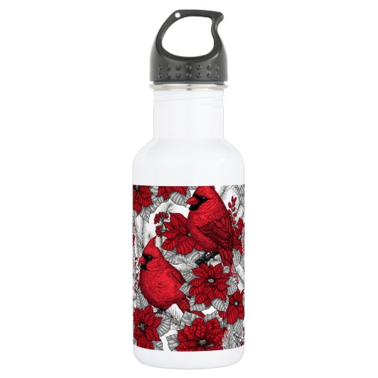Kardinalen en poinsettia, rood en wit waterfles (Voorkant)