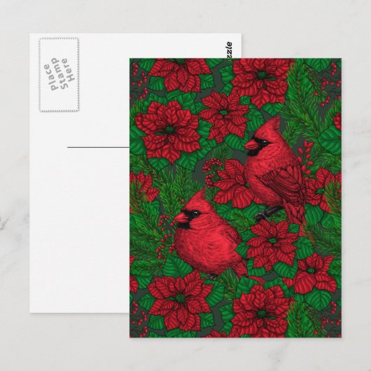 Kardinalen en poinsettia voor kerstmis briefkaart (Voorkant / Achterkant)