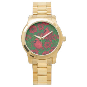 Kardinalen en poinsettia voor kerstmis horloge