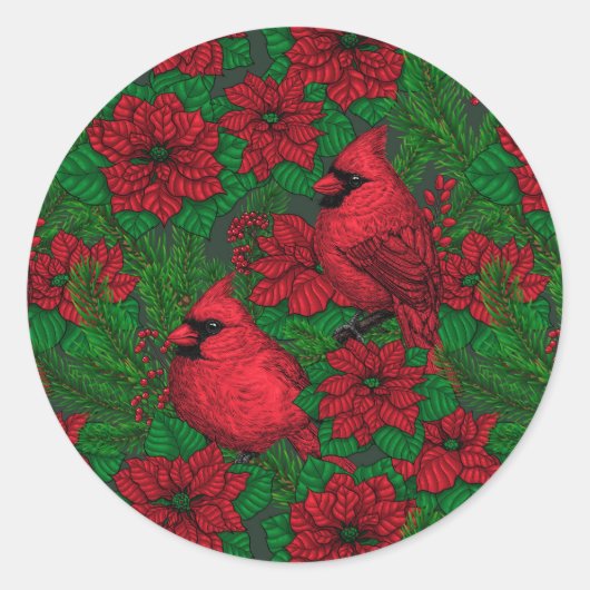 Kardinalen en poinsettia voor kerstmis ronde sticker (Voorkant)