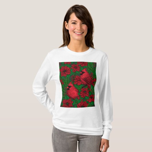 Kardinalen en poinsettia voor kerstmis t-shirt (Voorkant volledig)