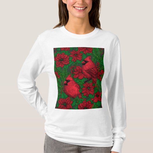 Kardinalen en poinsettia voor kerstmis t-shirt (Voorkant)