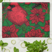 Kardinalen en poinsettia voor kerstmis theedoek (Gevouwen)