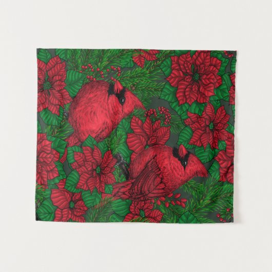 Kardinalen en poinsettia voor kerstmis wandkleed (Voorkant (horizontaal))