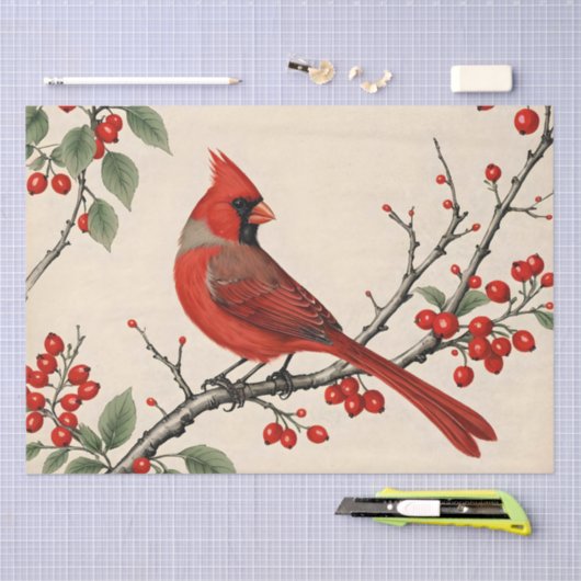 Kardinalen en rode bessen decoupage tissuepapier (Craft)