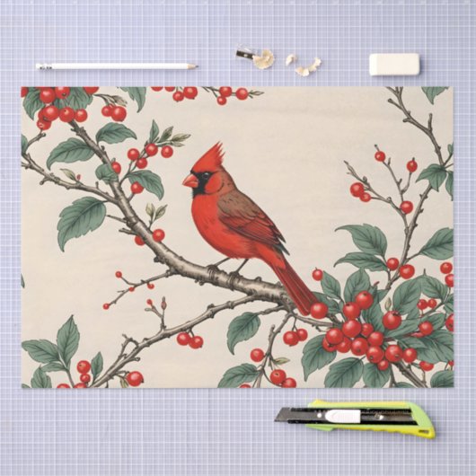 Kardinalen en rode bessen decoupage tissuepapier (Craft)