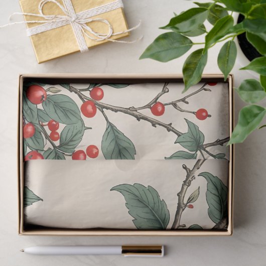 Kardinalen en rode bessen decoupage tissuepapier (Geschenk)