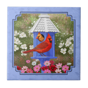 Kardinalen en rondhuis blauw tegeltje