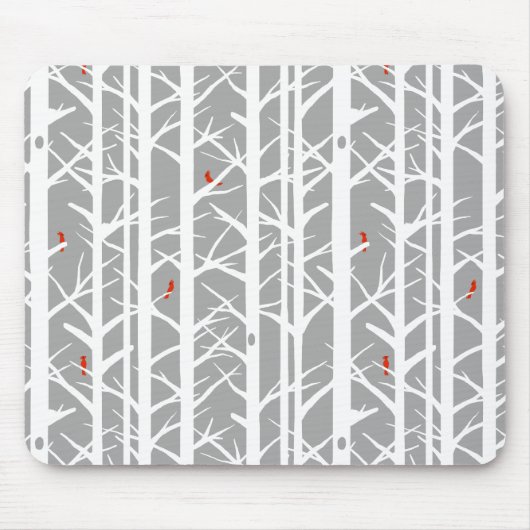 Kardinalen in de Berkenbomen in Lichtgrijs Muismat (Voorkant)