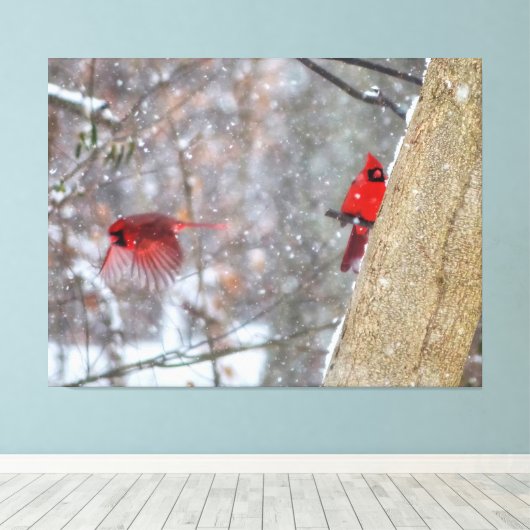 Kardinalen in de sneeuw canvas afdruk (Insitu (Houten vloer))