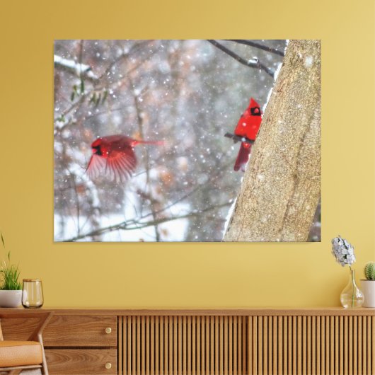 Kardinalen in de sneeuw canvas afdruk (Insitu (Woonkamer))