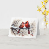 Kardinalen in de sneeuw op Tree Branch Red Berries Kaart (Gele Bloem)