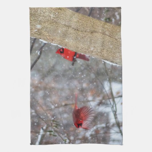 Kardinalen in de sneeuw theedoek (Verticaal)