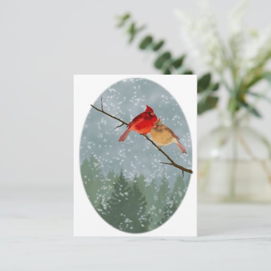 kardinalen in de winter briefkaart (Staand voorkant)