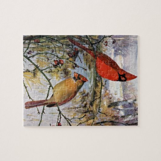 Kardinalen in de winter legpuzzel (Horizontaal)