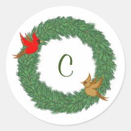 Kardinalen in Evergreen Krans met Monogram Ronde Sticker