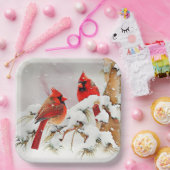 Kardinalen in Winter Sneeuw en Evergreen Tree Scen Papieren Bordje (Feest)