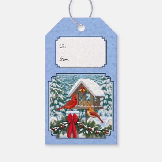 Kardinalen Kerstfeest Blauw Cadeaulabel (Voorkant)