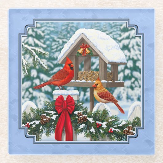 Kardinalen Kerstfeest Blauw Glazen Onderzetter (Voorkant)