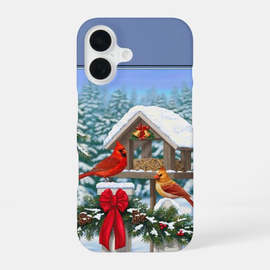 Kardinalen Kerstfeest Blauw iPhone 16 Hoesje (Achterkant)