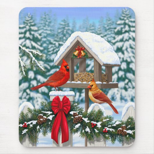 Kardinalen Kerstfeest Blauw Muismat (Voorkant)
