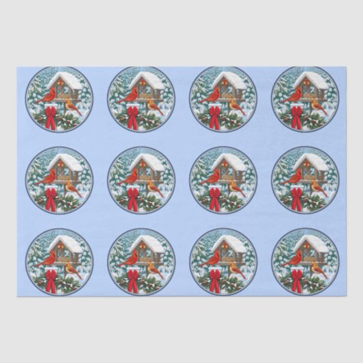 Kardinalen Kerstfeest Blauw Tissuepapier (Voorkant)