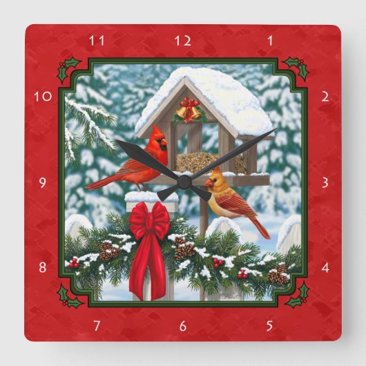 Kardinalen Kerstvogelvoeder Rood Vierkante Klok (Voorkant)