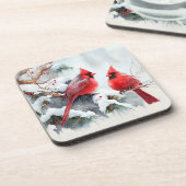 Kardinalen op boomtak in de scène van de Kerstmisw Bier Onderzetter (Linkerzijde)