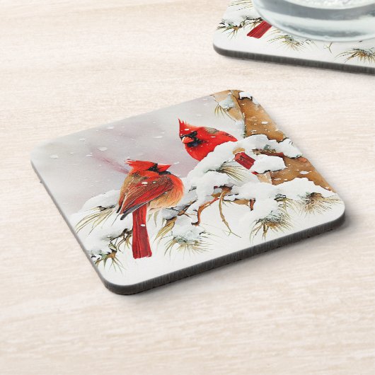 Kardinalen op boomtak in de scène van de Kerstmisw Bier Onderzetter (Linkerzijde)