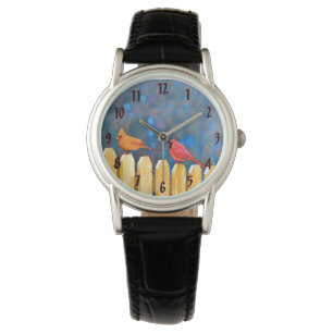 Kardinalen op het hek Schilderij - Originele Kunst Horloge