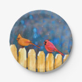 Kardinalen op het schilderen van de hek - Oorspron Papieren Bordje (Voorkant)