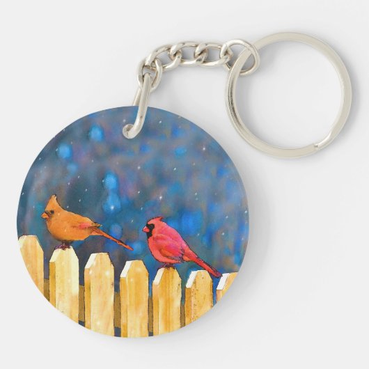 Kardinalen op het schilderen van de hek - Oorspron Sleutelhanger (Achterkant)