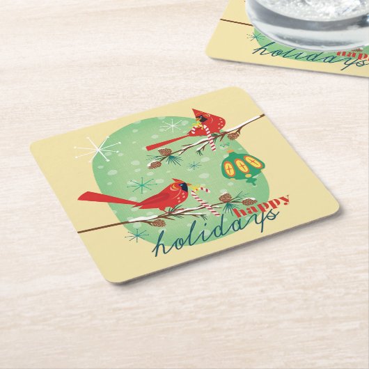 kardinalen op neuspijnboomtakken kartonnen onderzetters (Schuin)