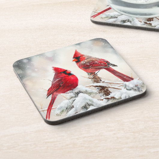 Kardinalen op Sneeuwboomtak in Kerstwinter Bier Onderzetter (Linkerzijde)
