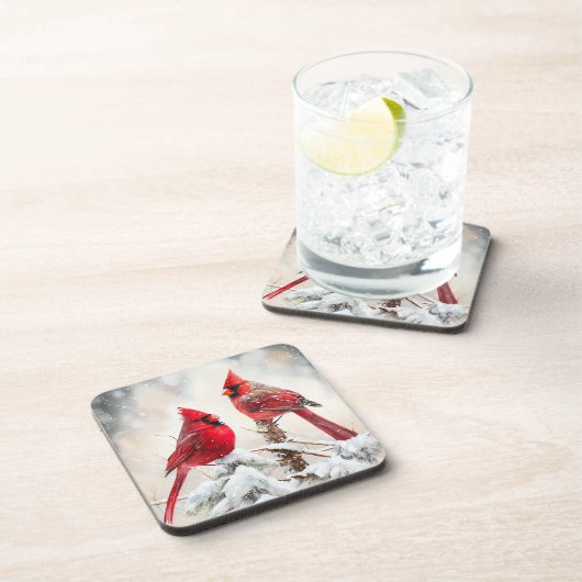 Kardinalen op Sneeuwboomtak in Kerstwinter Bier Onderzetter (Rechterzijde)