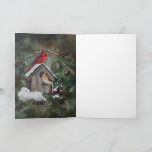 Kardinalen op SneeuwVogelhuis Feestdagen Kaart (Binnen)
